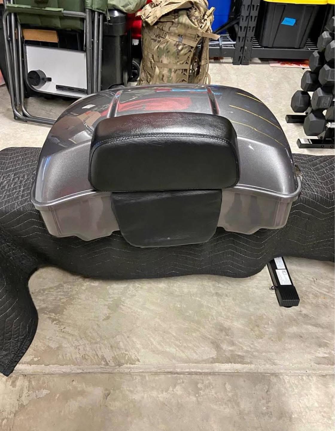 Tour Pack Arm Rests Chopped tour pack with back rest and leather lining with white ...