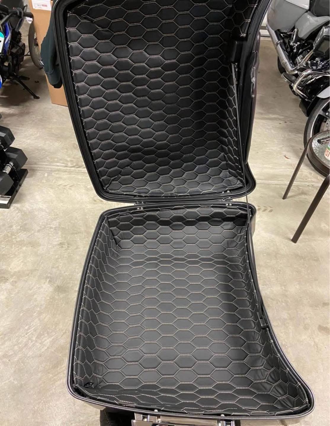 Tour Pack Arm Rests Chopped tour pack with back rest and leather lining with white ...
